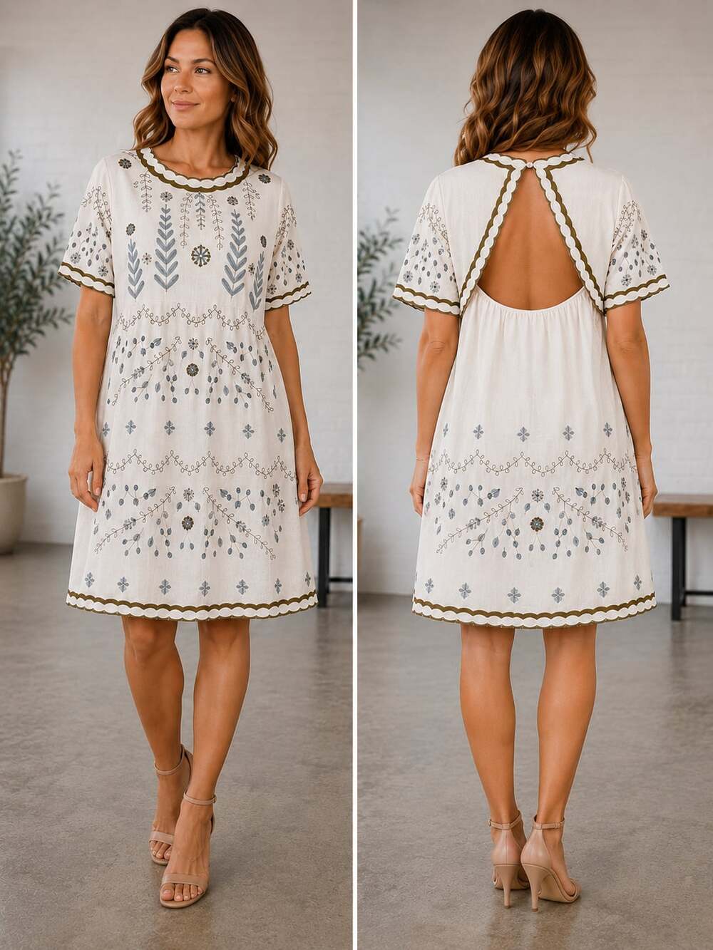 Sadie & Sage Embroidered Cotton Dress Women M Cream Open Back Boho Midi